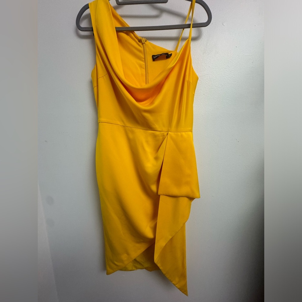 Lavish Alice Asymmetrical Cowl Neck Dress In Yellow